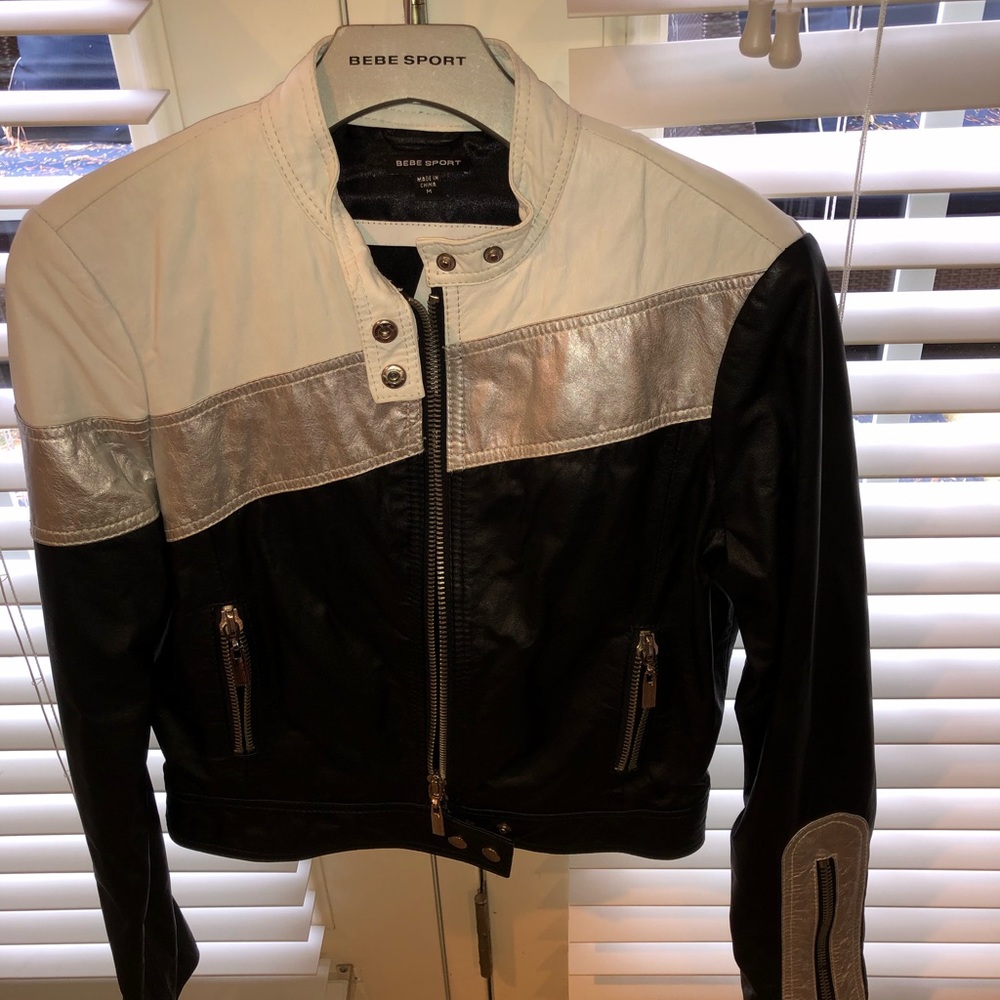 Bebe leather black, silver, and white moto jacket